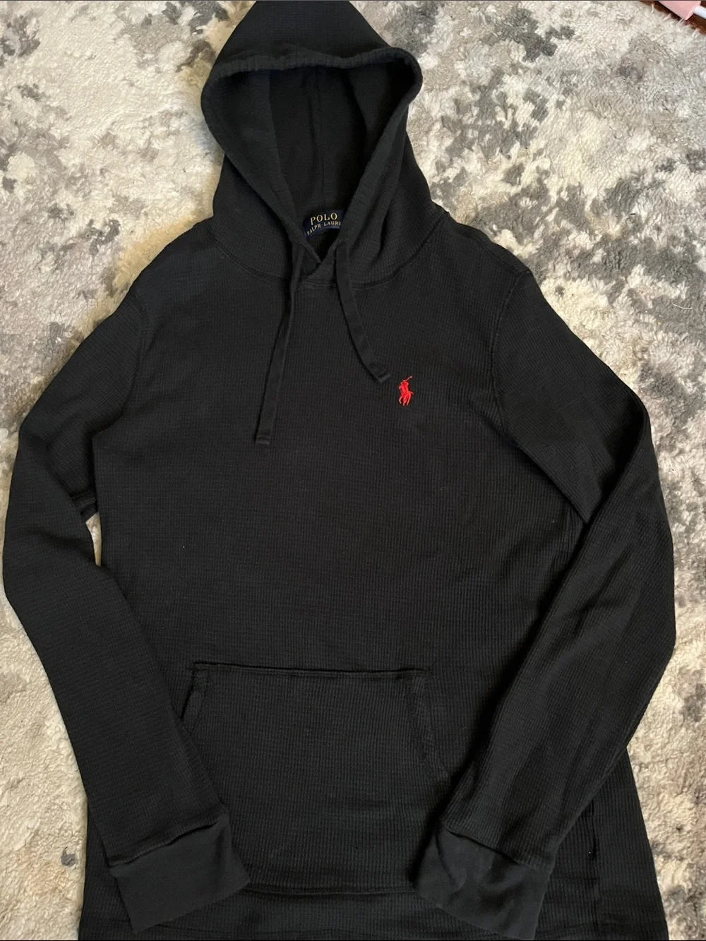 Polo by Ralph Lauren Black Waffle-Knit Hooded Pullover with Red Pony